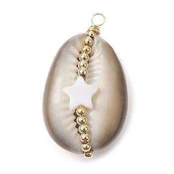 Natural Cowrie Shell Copper Wire Wrapped Pendants, Shell Charms with Natural Freshwater Shell Beads, Star, 35~36.5x20~20.5x12.5~13mm, Hole: 2.5mm