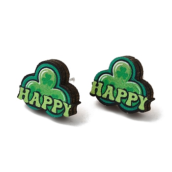 Saint Patrick's Day Green Wood Stud Earrings, with 316 Stainless Steel Pins, Word, 13.5x16.5mm