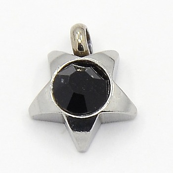 201 Stainless Steel Rhinestone Star Charm Pendants, Grade A, Faceted, Jet, 9x8x3mm, Hole: 1mm