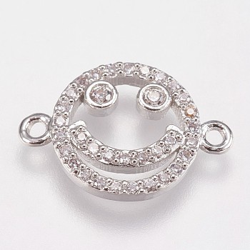 Brass Micro Pave Cubic Zirconia Links, Smiling Face, Clear, Platinum, 11.5x17x2mm, Hole: 1mm
