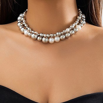 CCB Beaded Necklace, with Plastic pearl, Jewely for Women, Round, Platinum, 14.96~15.31 inch(38~38.9cm), 2pcs/set