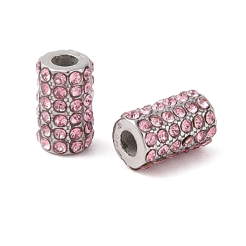 304 Stainless Steel Beads, with Rhinestone, Column, Stainless Steel Color, Light Rose, 11x7mm, Hole: 3mm