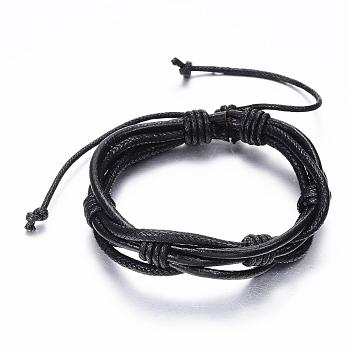 Adjustable Braided Cowhide Leather and Waxed Cord Multi-Strand Bracelets, Black, 2-1/8 inch~3-1/8 inch(55~80mm)