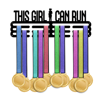 Fashion Iron Medal Hanger Holder Display Wall Rack, with Screws, Word This Girl Can Run, Sports Themed Pattern, 150x400mm