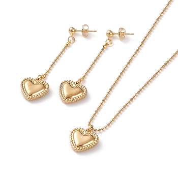 Pendant necklaces & Dangle Earrings Jewelry Sets, with 304 Stainless Steel Ball Chains & Stud Earring Findings, Heart, Golden, 18.11 inch(46cm), 55mm, Pin: 0.7mm