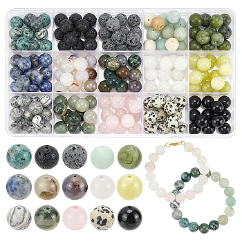 180Pcs 15 Styles Natural Mixed Gemstone Beads Sets, Round, 10~10.5mm, Hole: 1~1.5mm, 12pcs/style