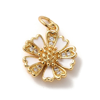 Brass Micro Pave Cubic Zirconia Pendants, with Enamel, Jump Rings, Flower, Golden, 14x12.5x3.5mm, Hole: 3.6mm