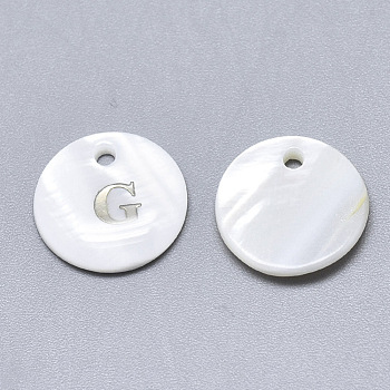 Natural White Shell Mother of Pearl Shell Charms, with Iron Sticker, Flat Round with Letter, Letter.G, 13x2mm, Hole: 1.5mm