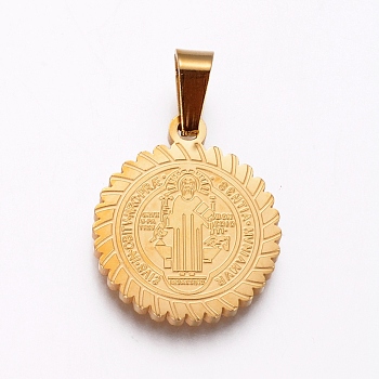 304 Stainless Steel Pendants, Flat Round with Saint Benedict, Golden, 21x18x2mm, Hole: 6.5x4mm