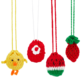 CHGCRAFT 4Pcs 4 Style Woolen Chicken Egg Drawstring Crochet Pouch, for Dragon Boat Festival Children Eggs Storage Decor, Mixed Color, 730~840mm, 1pc/style