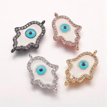 Brass Micro Pave Cubic Zirconia Links, with Enamel, Hamsa Hand/Hand of Fatima/Hand of Miriam, with Eye, Mixed Color, 23x15x3mm, Hole: 1mm