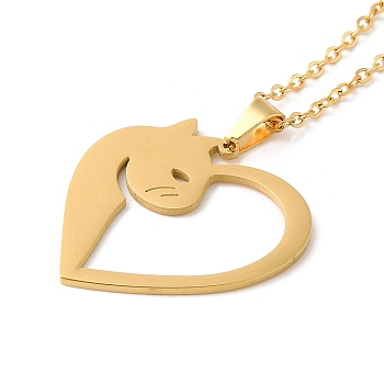 304 Stainless Steel Pendant Necklaces, Hollow Heart with Cat, Golden, 17.72 inch(45cm)