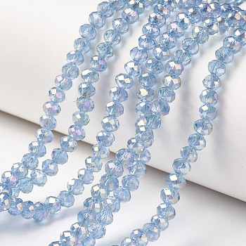 Electroplate Transparent Glass Beads Strands, Full Rainbow Plated, Faceted, Rondelle, Light Sky Blue, 6x5mm, Hole: 1mm, about 85~88pcs/strand, 16.1~16.5 inch(41~42cm)