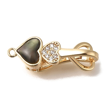 Brass Black Lip Shell Fold Over Clasps, with Micro Pave Cubic Zirconia, Heart, Real 18K Gold Plated, 29mm