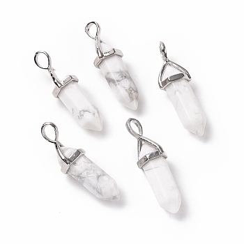 Natural Howlite Pendants, Faceted, with Platinum Tone Brass Findings, Lead free & Cadmium Free, Bullet, 27~30x9~10x7~8mm, Hole: 4x3mm
