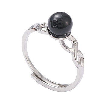 (Jewelry Parties Factory Sale)Adjustable Brass Finger Rings, with Lampwork Beads, Round, Platinum, Black, Size 6, Inner Diameter: 17mm
