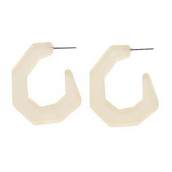 Large C-shape Stud Earrings for Girl Women, Open Hoop Earrings, Cellulose Acetate Half Hoop Earrings, Wheat, 42.5x4mm, Pin: 0.7mm
