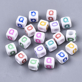 Opaque White Acrylic Beads, with Enamel, Horizontal Hole, Cube with Mixed Color Letter, Letter.Q, 6x6x6mm, Hole: 3mm, about 2900pcs/500g