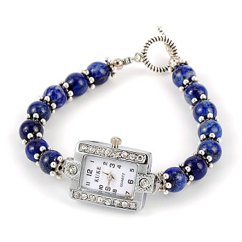 Rectangle Alloy Rhinestone Electronic Watch Bracelets, with Lapis Lazuli and Tibetan Style Toggle Clasps, Platinum, 195mm