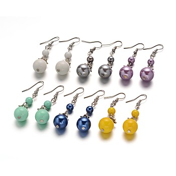 Attractive Round Glass Pearl Dangle Earrings, with Alloy Findings and Iron Earring Hooks, Mixed Color, 49x12mm, Pin: 0.6mm