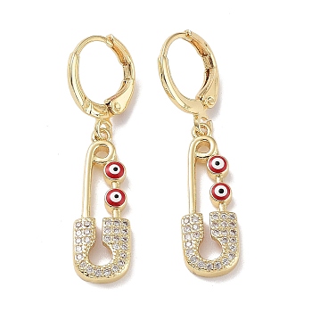 Real 18K Gold Plated Brass Dangle Leverback Earrings, with Enamel and Cubic Zirconia, Safety Pin with Evil Eye, Red, 36.5x8mm