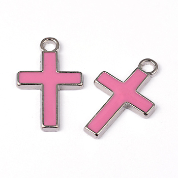 Alloy Enamel Pendants, Lead Free and Cadmium Free, Cross, Platinum Color, Pearl Pink, 26x16x2mm, Hole: 3mm