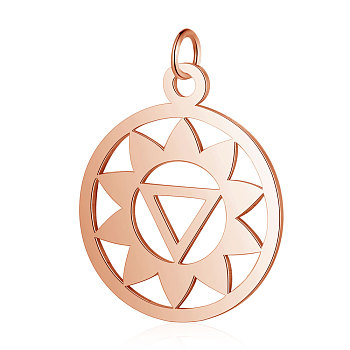 304 Stainless Steel Pendants, Chakra, Manipura, Flat Round with Flower, Rose Gold, 22.5x19x1mm, Hole: 3mm