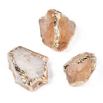 Edge Plated Natural Raw Rough Citrine Beads, with Light Gold Brass Findings, Nuggets, 23~29x20.5~26x12~20mm, Hole: 3mm