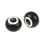 Spray Painted Glass European Beads, with Brass Silver Cores, Large Hole Beads, Rondelle, Black, 14~15x12mm, Hole: 5mm(X-GPDL-R001-11S)