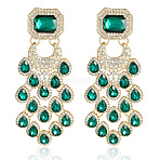 Teardrop with Rectangle Alloy Rhinestone Chandelier Earrings, Golden, Green, 83x33mm(FS-WGBF96F-01)