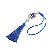 CCB Plastic Teardrop Pendant Decorations, with Brass Enamel Evil Eye Link, Polyester Tassel, Nylon Rope, for Women's Bag, Car Interior Decoration, Deep Sky Blue & Blue, 269mm(HJEW-JM00720-02)