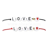 2Pcs 2 Color Hear Love Acrylic Braided Bead Bracelets Set, Nylon Cords Adjustable Bracelets, Mixed Color, Inner Diameter: 3-3/8 inch(8.7cm), 1Pc/color(BJEW-JB09849)