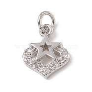 Brass Micro Pave Clear Cubic Zirconia Charms, with Open Jump Rings, Heart Charms with Star, Platinum, 12x9.5x2mm, Hole: 3mm (ZIRC-F132-70P)