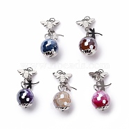 Electroplate Faceted Natural Agate Round Pendants, with 304 Stainless Steel Bee & Dragonfly Charm Findings, Stainless Steel Color, Mixed Color, 28.5x11.5mm, Jump Ring: 4x0.7mm, Inner Diameter: 2.8mm(G-B027-01)