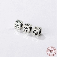 Rhodium Plated 925 Thailand Sterling Silver Spacer Beads, Smiling Face Beads, Antique Silver Color, Cube, 3.8x3.8x3.8mm, Hole: 2.1mm(STER-L044-03B-AS)