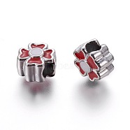 Alloy Enamel European Beads, Large Hole Beads, Clover, Silver Color Plated, Red, 12.5x12.5x9mm, Hole: 4.5mm(ENAM-F095-04S-03)