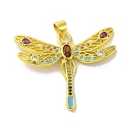 Brass Micro Pave Colorful Cubic Zirconia Pendants, Dragonfly Charms, Real 18K Gold Plated, 28x33x3mm, Hole: 4.5x3.5mm(KK-Z042-14G)