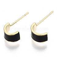 Brass Enamel Half Hoop Earrings, Nickel Free, Real 18K Gold Plated, Black, 17x9mm, Pin: 0.7mm(KK-N232-97B-NF)