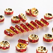 Brass Rhinestone Spacer Beads, Grade A, Straight Flange, Golden Metal Color, Rondelle, Light Siam, 8x3.8mm, Hole: 1.5mm(RB-A014-Z8mm-21G)