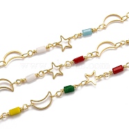 Golden Brass Link Chain, with Glass, Long-Lasting Plated, with Spool, Soldered, Star & Moon, Colorful, Moon: 10x6x1mm, Star: 8x8x0.7mm, Glass Link: 13.5x3x3mm, 32.8 Feet(10m)/roll(CHC-H103-29A-G)