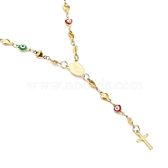 Unisex 304 Stainless Steel Rosary Bead Necklaces, with Heart Enamel, Cross, Oval with Virgin Mary, Golden, 19.13 inch(48.6cm), Heart: 9.5x5x1.5mm and 10x5x3mm(NJEW-L457-001A-G)