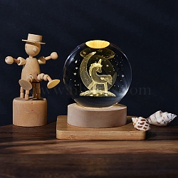 Glass Crystal Ball Night Light, Built-in Battery, with Wooden Base Stand Holder & USB Charger, Unicorn, 70~80mm(DJEW-PW0012-047E-01)