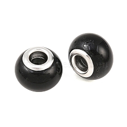 Spray Painted Glass European Beads, with Brass Silver Cores, Large Hole Beads, Rondelle, Black, 14~15x12mm, Hole: 5mm(X-GPDL-R001-11S)