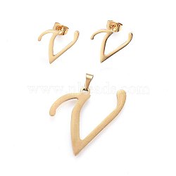 304 Stainless Steel Pendants and Stud Earrings Jewelry Sets, Alphabet, Letter.V, 30x28x1.5mm, Hole: 6x3mm, 16x15x1.5mm, Pin: 0.8mm(SJEW-P101-20G)