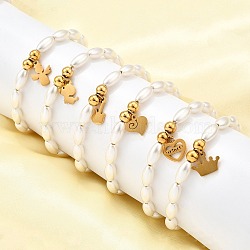 304 Stainless Steel Charm Bracelets for Women, Mixed Shapes, with Plastic Imitation Pearl Beads, Golden, 7 inch(17.7cm)(BJEW-C098-14G)