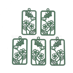 430 Stainless Steel Filigree Pendants, Spray Painted, Etched Metal Embellishments, Rectangle with Flower, Green, 27x13x0.4mm, Hole: 1.2mm(STAS-S108-20B)