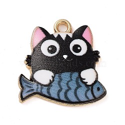 Rack Plating Alloy Enamel Pendants, Golden, Cat with Fish Charm, Black, 18x18x3mm, Hole: 2mm(FIND-Q099-11G-03)