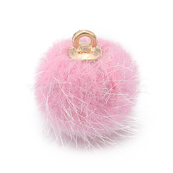 Handmade Faux Mink Fur Covered Pendants, with Golden Tone Alloy Findings, Round, Pearl Pink, 16.5~17x14~14.5mm, Hole: 1.6mm(WOVE-TA0001-01C-16mm)