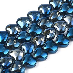 Electroplate Glass Beads Strands, Half Plated, Heart, Blue Plated, 9~10x10x5.5mm, Hole: 0.8mm, about 70~71pcs/strand, 25.20 inch~ 26.38 inch(64~67cm)(EGLA-S188-14-C04)
