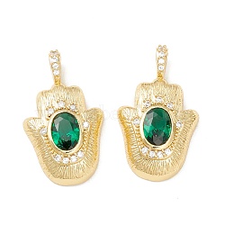 Rack Plating Brass Micro Pave Lime Green Cubic Zirconia Pendants, Cadmium Free & Nickel Free & Lead Free, Long-Lasting Plated, Hamsa Hand, Real 18K Gold Plated, 24x14x5mm, Hole: 4x2.5mm(KK-D073-09G)